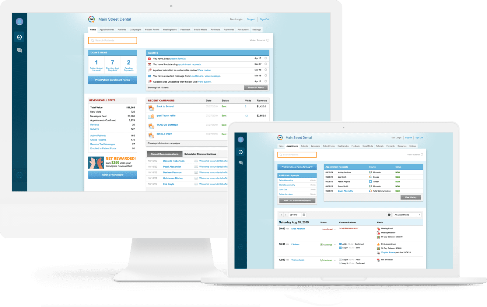 Dental marketing and patient communication software dashboard